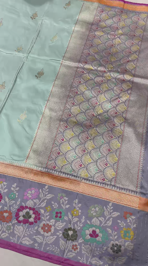 Pastel Hued Aqua Blue Banarasi Pure Katan Silk Saree with Sona Rupa Khaduwa Butta and Paithani Style Skirt Border | SILK MARK CERTIFIED