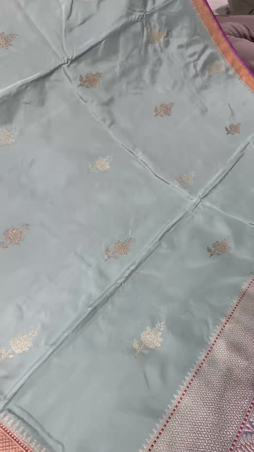 Pastel Hued Aqua Blue Banarasi Pure Katan Silk Saree with Sona Rupa Khaduwa Butta and Paithani Style Skirt Border | SILK MARK CERTIFIED