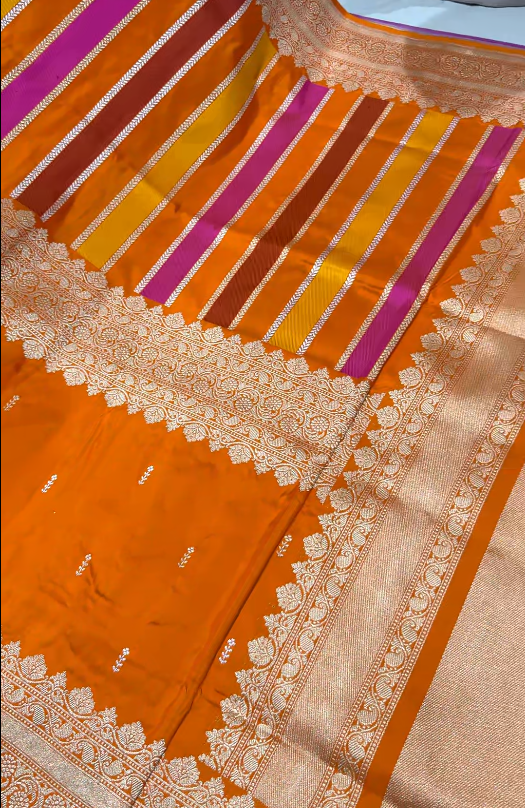 Vibrant Orange Vertical Stripes Half  Rangkaat Banarasi Katan Silk Saree with Zari Butta on Panel Zari Border | SILK MARK CERTIFIED