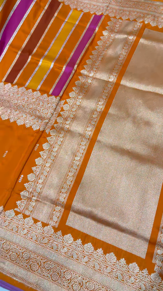 Vibrant Orange Vertical Stripes Half  Rangkaat Banarasi Katan Silk Saree with Zari Butta on Panel Zari Border | SILK MARK CERTIFIED