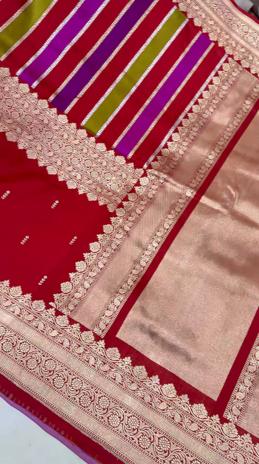 Deep Red Vertical Stripes Half  Rangkaat Banarasi Katan Silk Saree with Zari Butta on Panel Zari Border | SILK MARK CERTIFIED