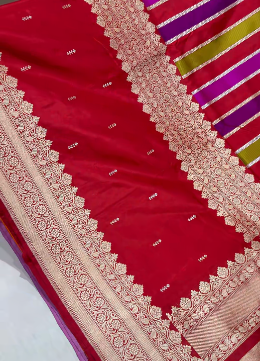 Deep Red Vertical Stripes Half  Rangkaat Banarasi Katan Silk Saree with Zari Butta on Panel Zari Border | SILK MARK CERTIFIED