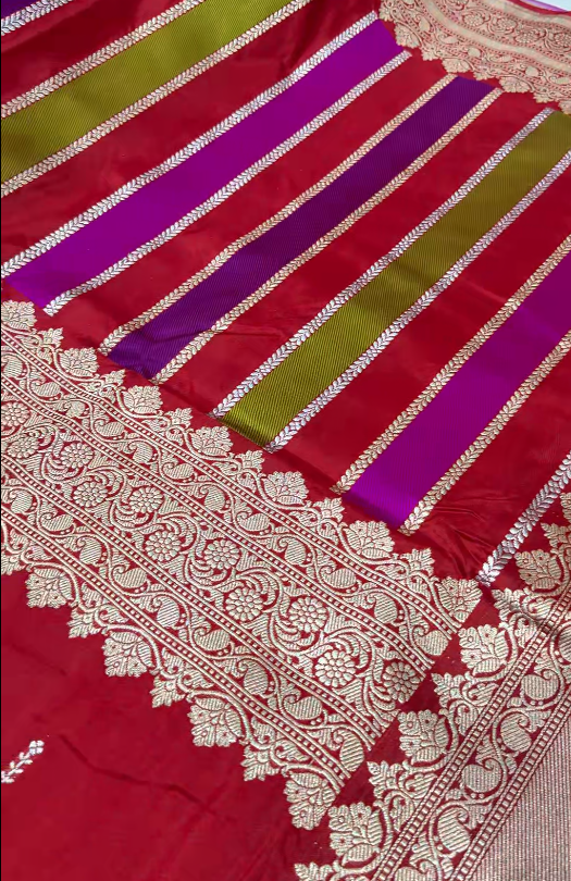 Deep Red Vertical Stripes Half  Rangkaat Banarasi Katan Silk Saree with Zari Butta on Panel Zari Border | SILK MARK CERTIFIED