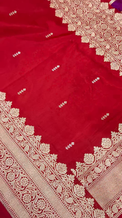 Deep Red Vertical Stripes Half  Rangkaat Banarasi Katan Silk Saree with Zari Butta on Panel Zari Border | SILK MARK CERTIFIED