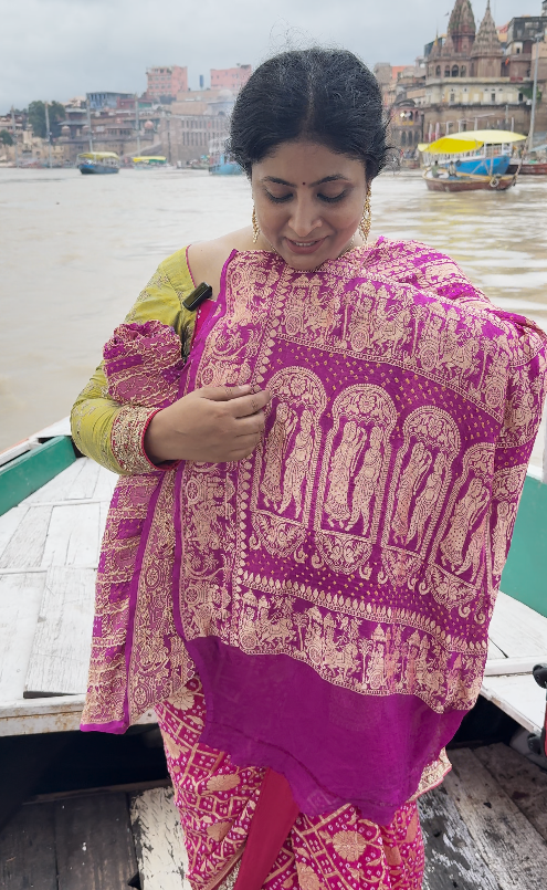 Magenta gharchola design elephant motifs georgette bhandini saree | SILK MARK CERTIFIED