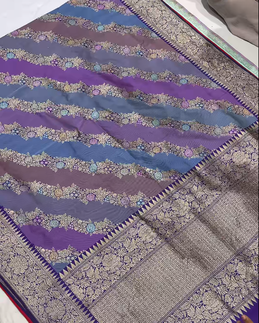 Rangkaat Kadhuwa Banarasi Silk Saree with Diagonal Zari stripes | SILK MARK CERTIFIED