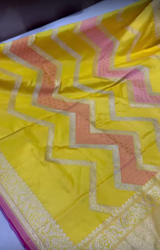 Sunflower Yellow Rangkaat Banarasi Katan Silk saree in chevron Pattern with Khaduwa weave Silver zari Border | SILK MARK CERTIFIED