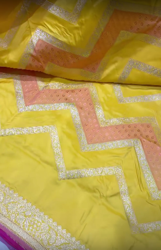 Sunflower Yellow Rangkaat Banarasi Katan Silk saree in chevron Pattern with Khaduwa weave Silver zari Border | SILK MARK CERTIFIED