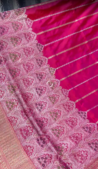 Rani Pink Banarasi Katan Silk Saree with Vertical Stripes and Meenakari Skirt persian trellis Border | SILK MARK CERTIFIED