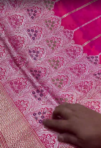 Rani Pink Banarasi Katan Silk Saree with Vertical Stripes and Meenakari Skirt persian trellis Border | SILK MARK CERTIFIED