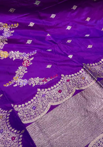 Purple Dual Tone Pure Banarasi katan silk saree with Kadhuwa Jungla Meenakari Sona Rupa Buttas and Scallop Border |SILK MARK CERTIFIED