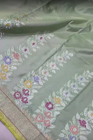 Dusty Pista Green Pure Banarasi Katan Silk Saree with Meenakari Work and Zari Border | SILK MARK CERTIFIED