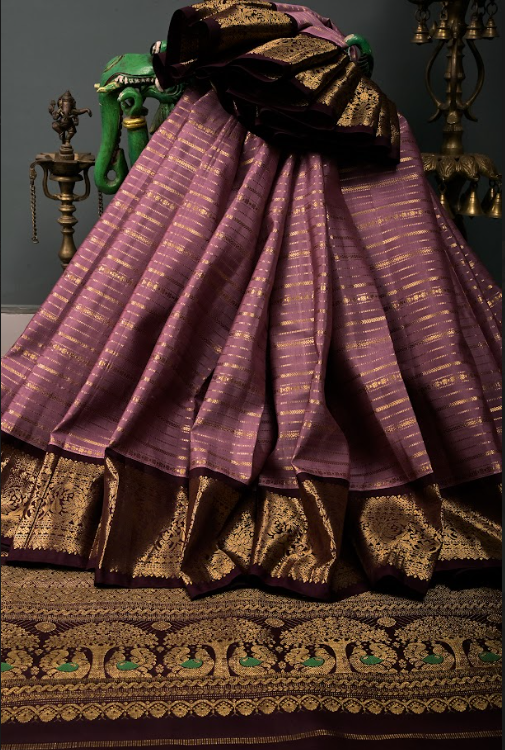 Dusty Mauve Gadwal Silk Saree with Vertical Zari Stripes and Contrast Zari Border | SILK MARK CERTIFIED | SHOBITAM