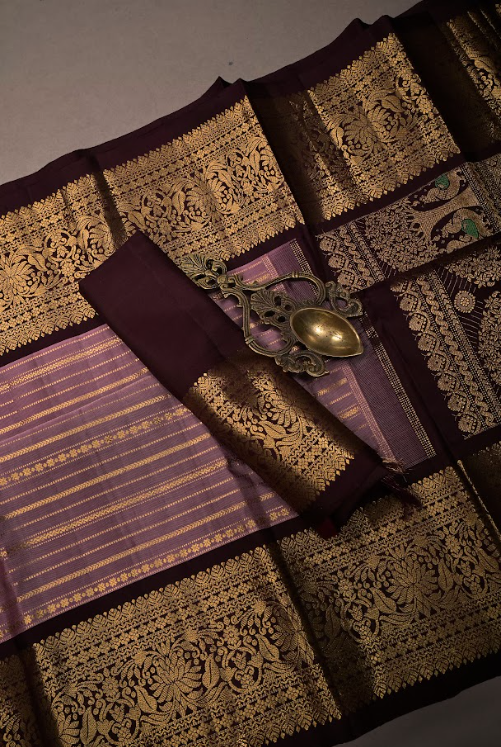 Dusty Mauve Gadwal Silk Saree with Vertical Zari Stripes and Contrast Zari Border | SILK MARK CERTIFIED | SHOBITAM