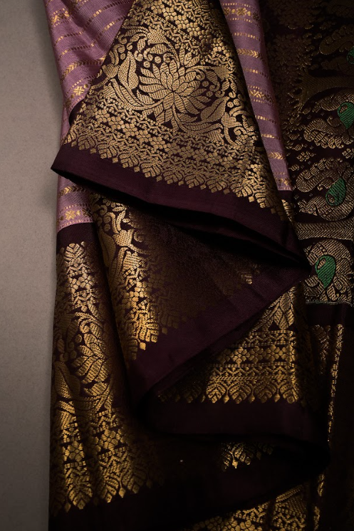 Dusty Mauve Gadwal Silk Saree with Vertical Zari Stripes and Contrast Zari Border | SILK MARK CERTIFIED | SHOBITAM