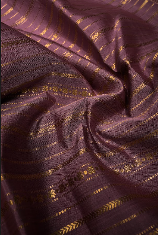 Dusty Mauve Gadwal Silk Saree with Vertical Zari Stripes and Contrast Zari Border | SILK MARK CERTIFIED | SHOBITAM