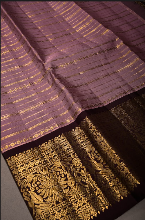Dusty Mauve Gadwal Silk Saree with Vertical Zari Stripes and Contrast Zari Border | SILK MARK CERTIFIED | SHOBITAM