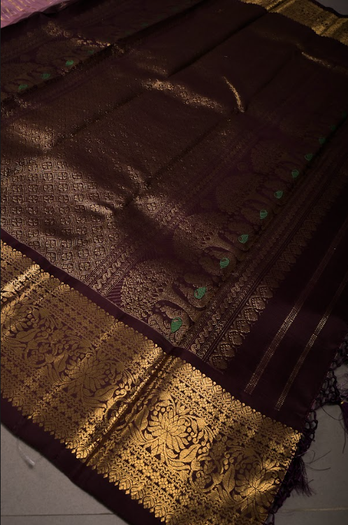 Dusty Mauve Gadwal Silk Saree with Vertical Zari Stripes and Contrast Zari Border | SILK MARK CERTIFIED | SHOBITAM