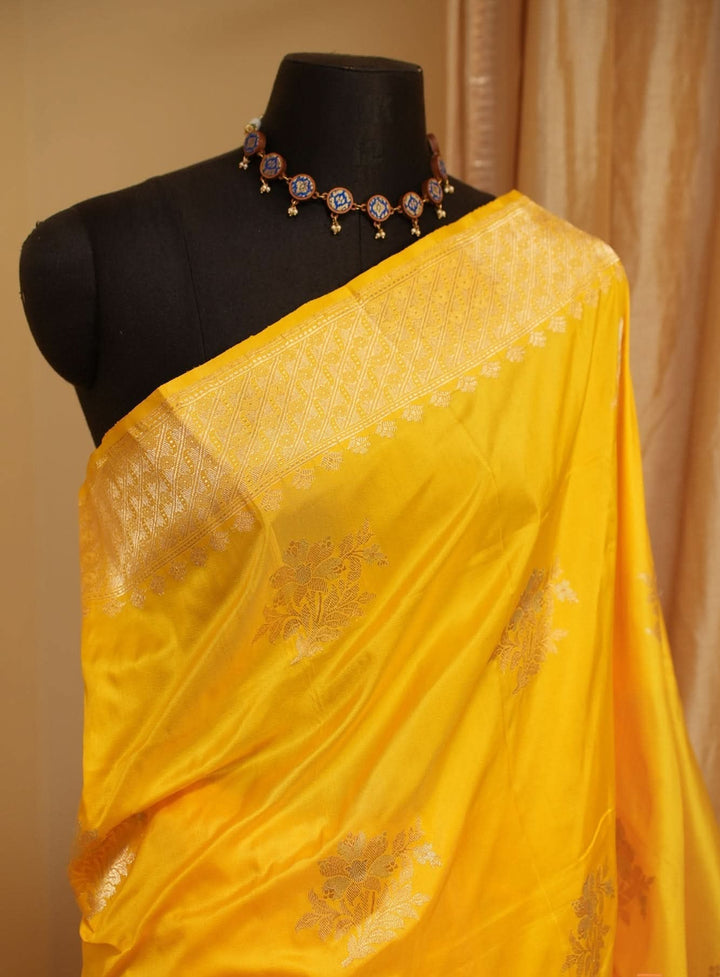 Yellow festive Banaras Silk Saree Gendaphool | SILK MARK CERTIFIED | Sobitam