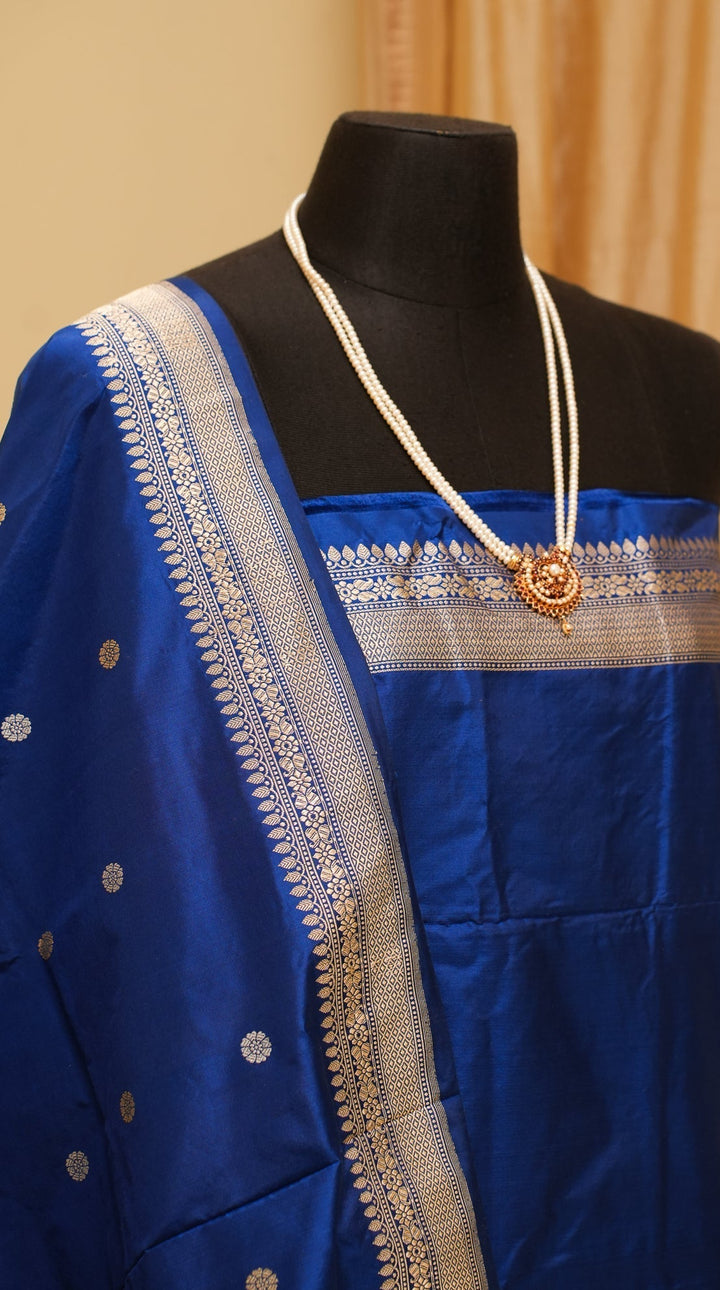 Royal Blue Banarasi Katan Silk Handloom Saree with Silver Zari Buttas | SILK MARK CERTIFIED | SHOBITAM