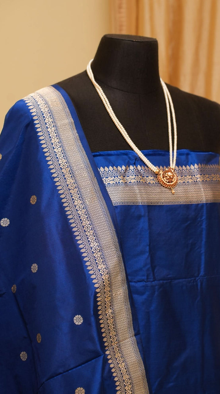 Royal Blue Banarasi Katan Silk Handloom Saree with Silver Zari Buttas | SILK MARK CERTIFIED | SHOBITAM
