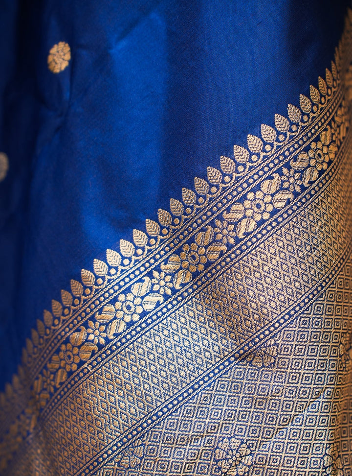 Royal Blue Banarasi Katan Silk Handloom Saree with Silver Zari Buttas | SILK MARK CERTIFIED | SHOBITAM