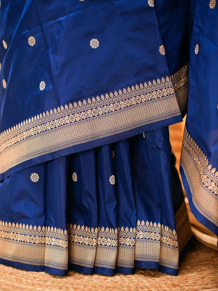 Royal Blue Banarasi Katan Silk Handloom Saree with Silver Zari Buttas | SILK MARK CERTIFIED | SHOBITAM