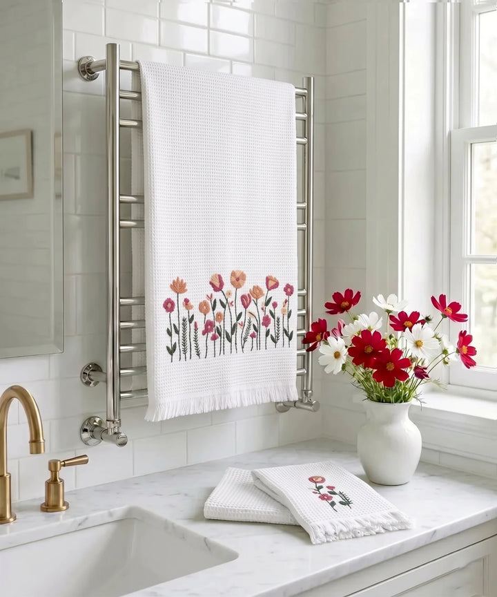 Embroidered 1 Pc Bath and 2 Pcs Hand Towel Set | Cotton Waffle Fabric | White | SHOBITAM