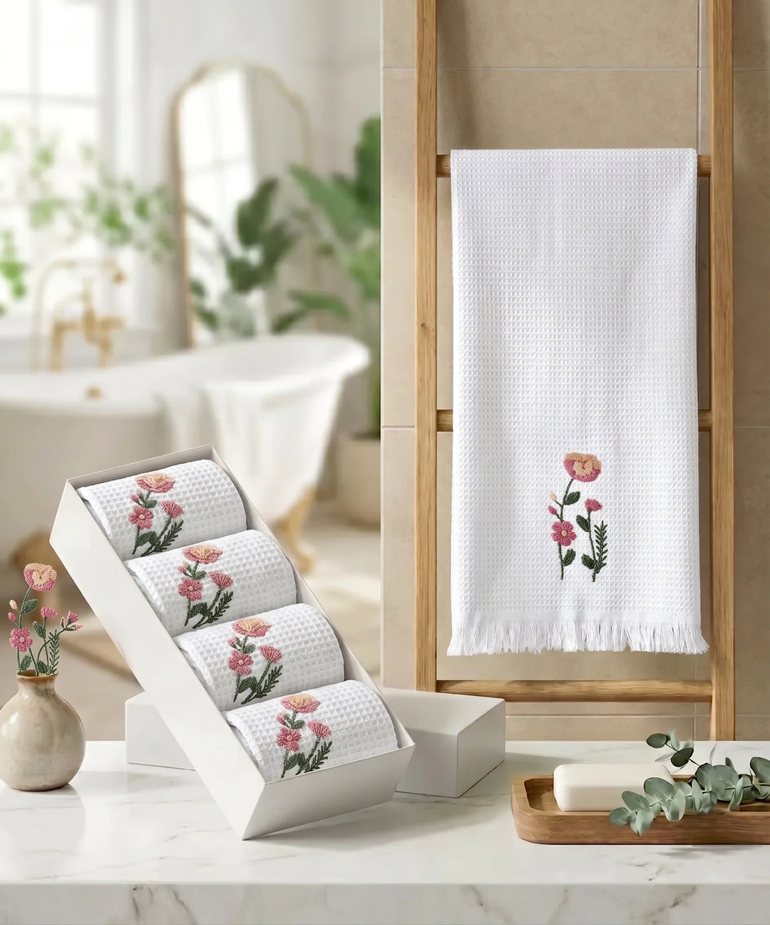 Embroidered 4 pcs Face and 2 pcs Hand Towel Set | Cotton Waffle | White | SHOBITAM
