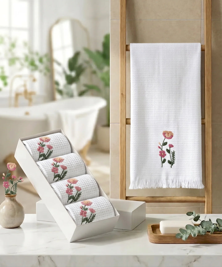 Embroidered 4 pcs Face and 2 pcs Hand Towel Set | Cotton Waffle | White | SHOBITAM