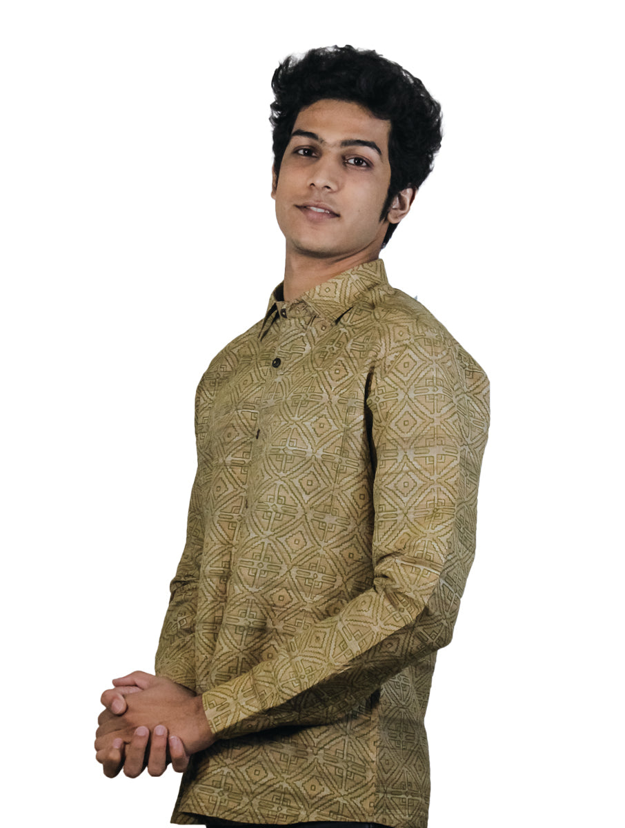 Men's Shirt in Pure Gicha Tussar in Khahi color with Hand Block Print | SILK MARK  CERTIFIED
