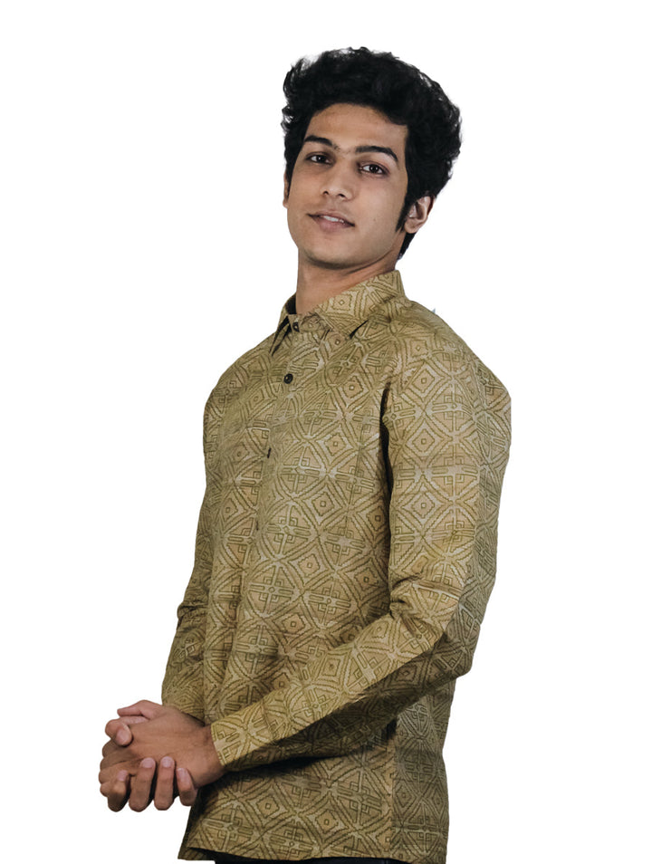 Men's Shirt in Pure Gicha Tussar in Khahi color with Hand Block Print | SILK MARK  CERTIFIED