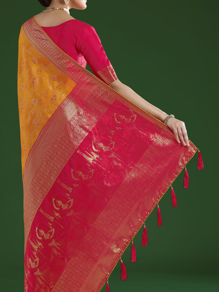 Orange Banarasi Semi Silk Saree With Zari Woven Design | SHOBITAM