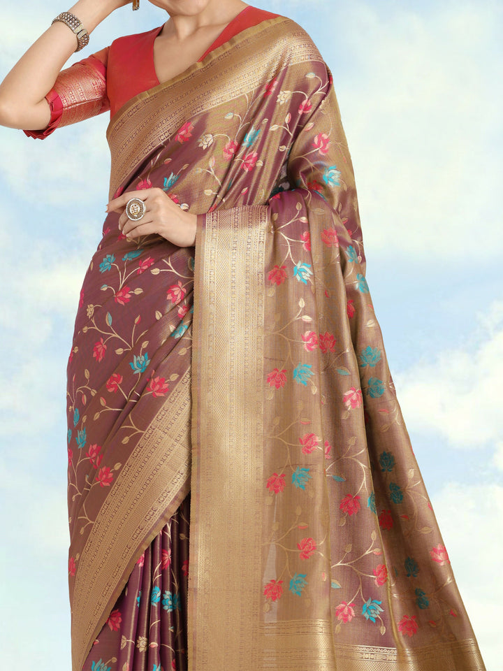Light Brown Semi Banarasi tissue silk saree | SHOBITAM