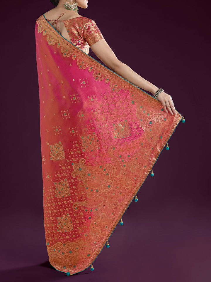 Red Color Paisley Zari Woven Semi Banarasi Tissue Silk Saree  | SHOBITAM