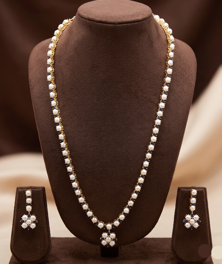 Sapphire Bloom Freshwater Pearl Long Haram Set | SHOBITAM