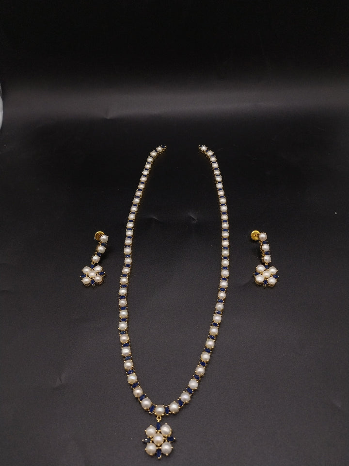 Sapphire Bloom Freshwater Pearl Long Haram Set | SHOBITAM