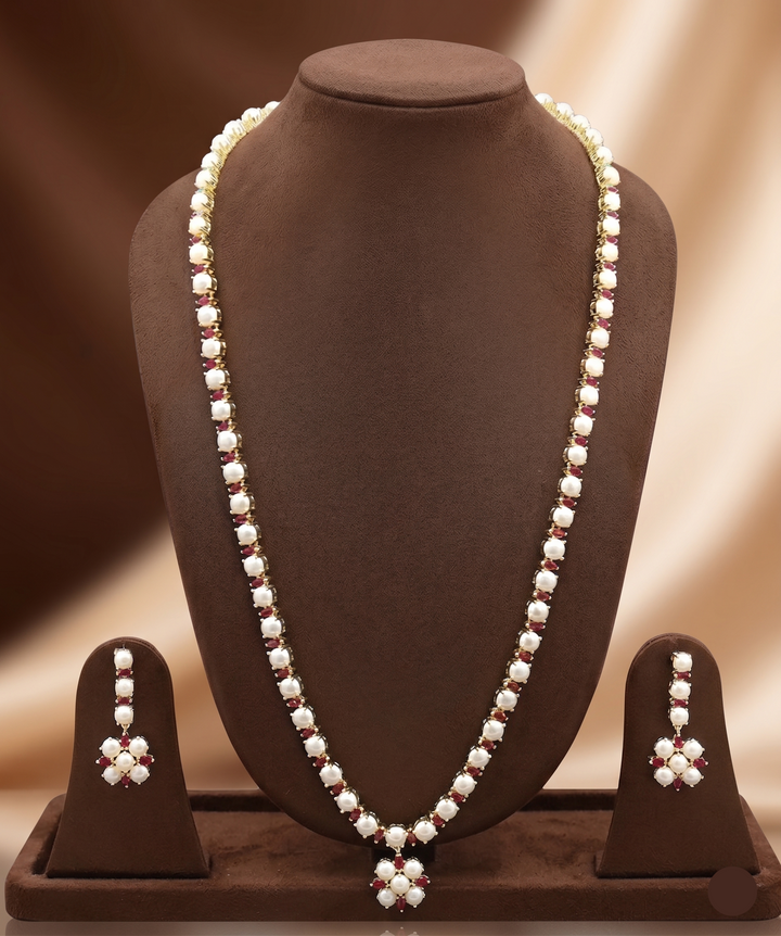 Crimson Blossom Freshwater Pearl Long Haram Set | SHOBITAM
