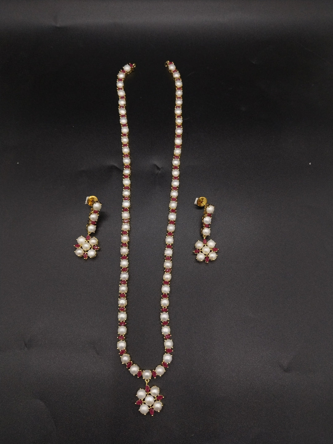 Crimson Blossom Freshwater Pearl Long Haram Set | SHOBITAM