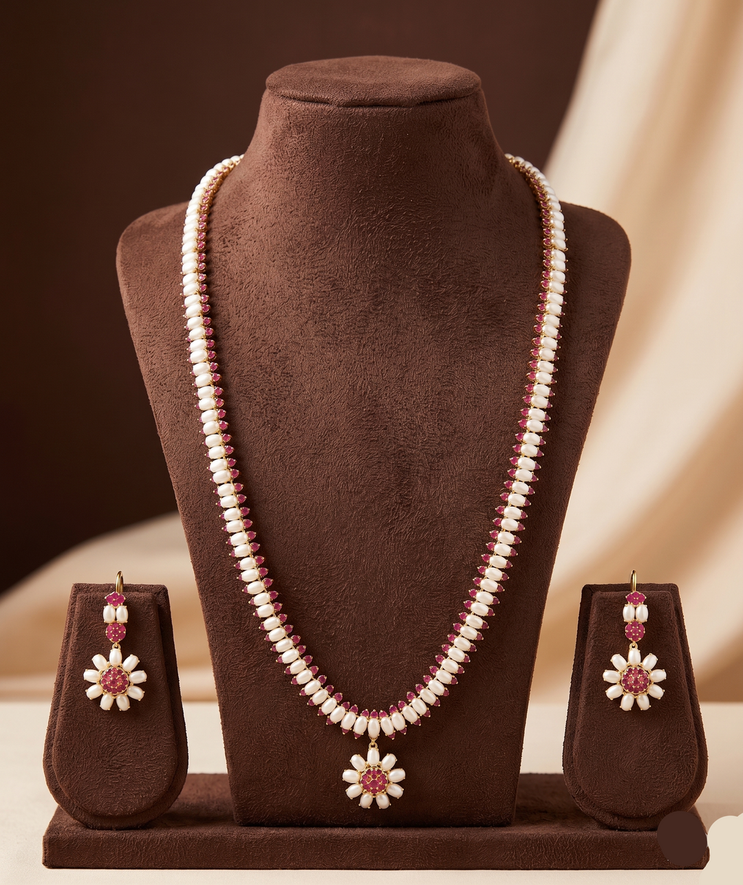 Crimson Blossom Freshwater Pearl Long Haram Set | SHOBITAM
