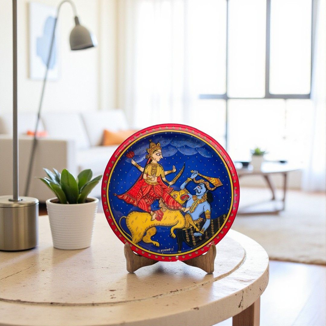 Goddess Durga & demon Folk Art Wall plate with Wooden Stand - 8 inches