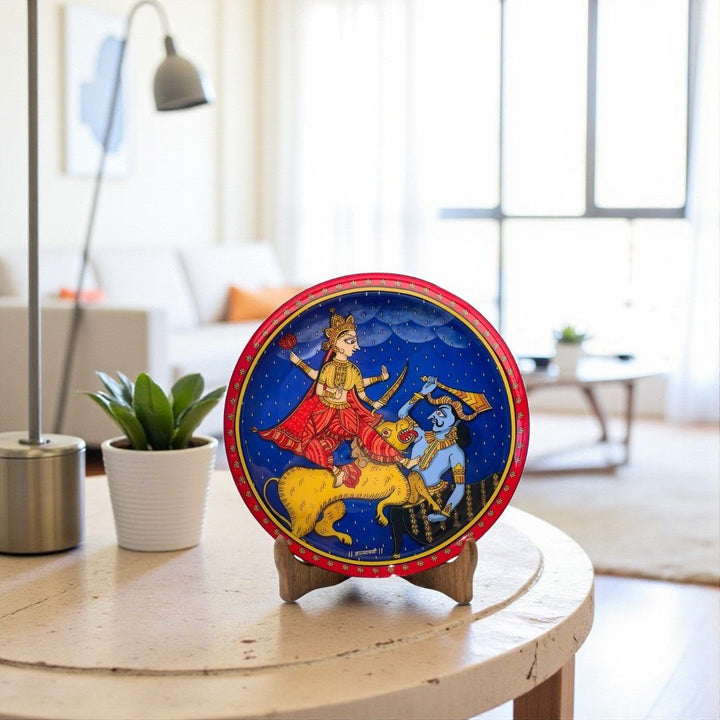 Goddess Durga & demon Folk Art Wall plate with Wooden Stand - 8 inches
