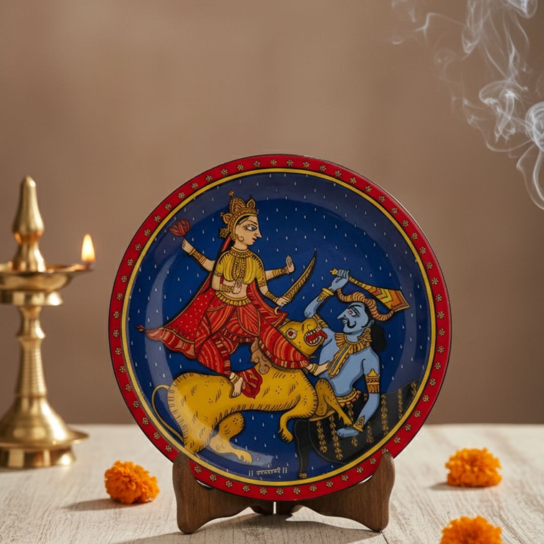 Goddess Durga & demon Folk Art Wall plate with Wooden Stand - 8 inches