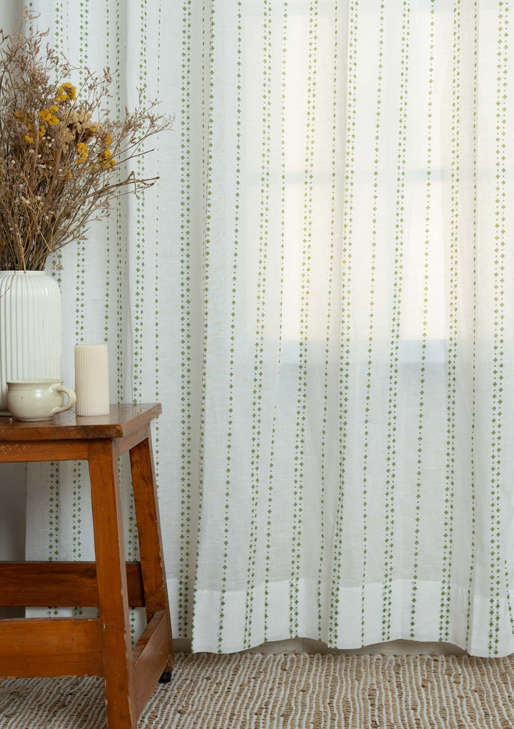Sitara geometric 100% cotton sheer curtain for living room - Light filtering - Green - Single Piece | SHOBITAM