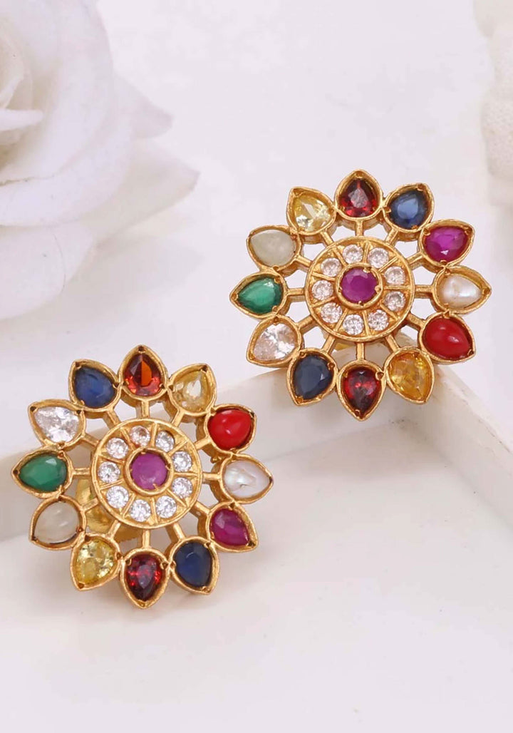 92.5 Silver Gold Plated Navaratna Floral Stud Earrings