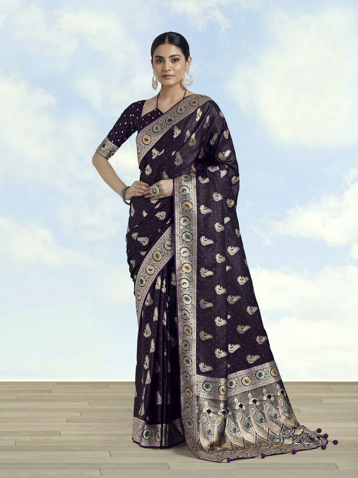 Purple Color Banarasi Satin Silk Zari Weaving Saree | SHOBITAM