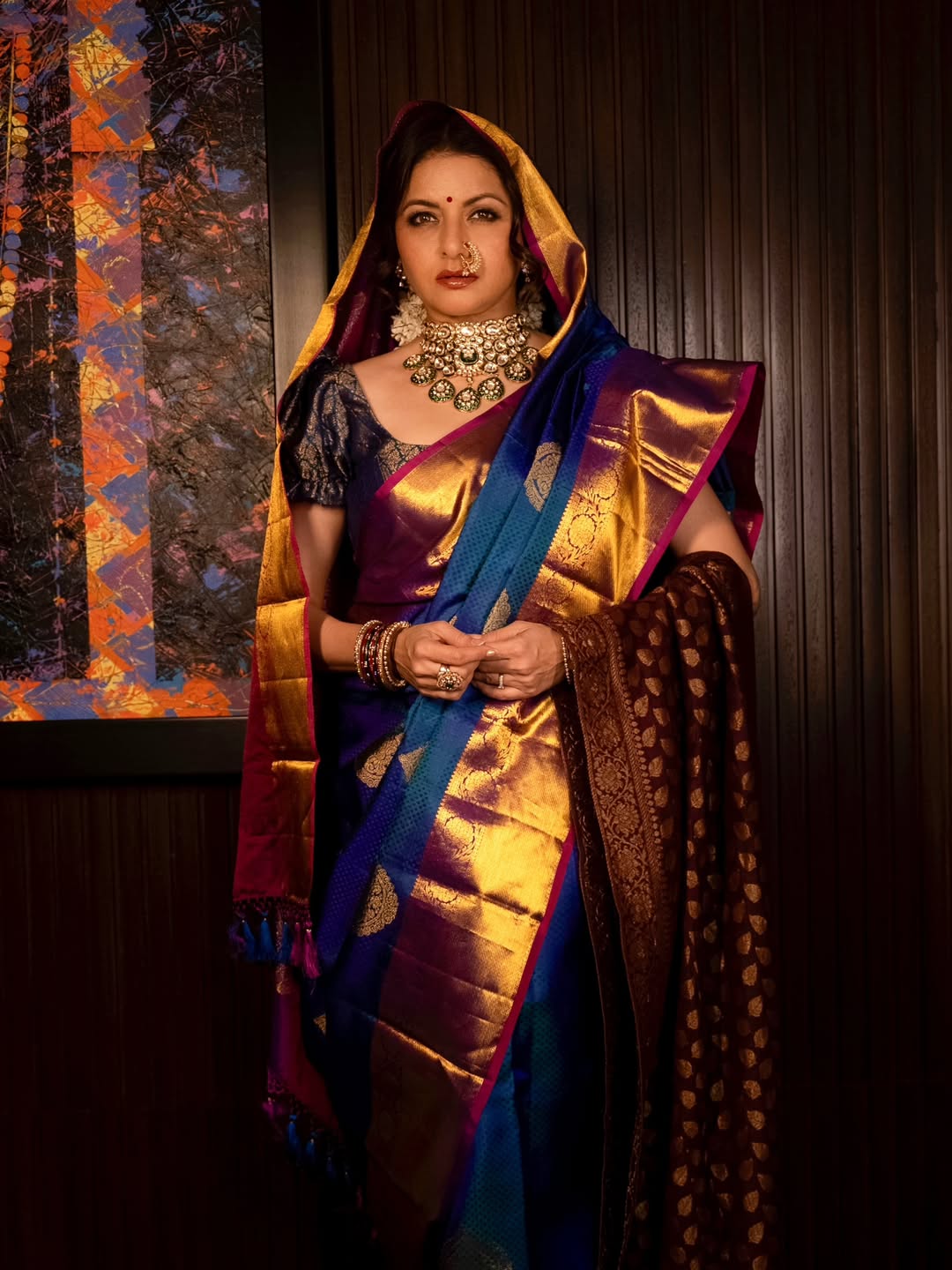 Exquisite Peacock Blue Dual tone Self Brocade on Kanjivaram Pure Silk Saree with Damask Motifs and Zari Border | SILK MARK CERTIFIED | SHOBITAM
