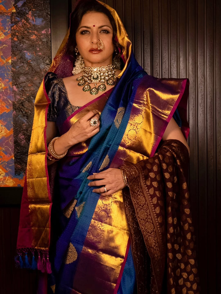 Exquisite Peacock Blue Dual tone Self Brocade on Kanjivaram Pure Silk Saree with Damask Motifs and Zari Border | SILK MARK CERTIFIED | SHOBITAM