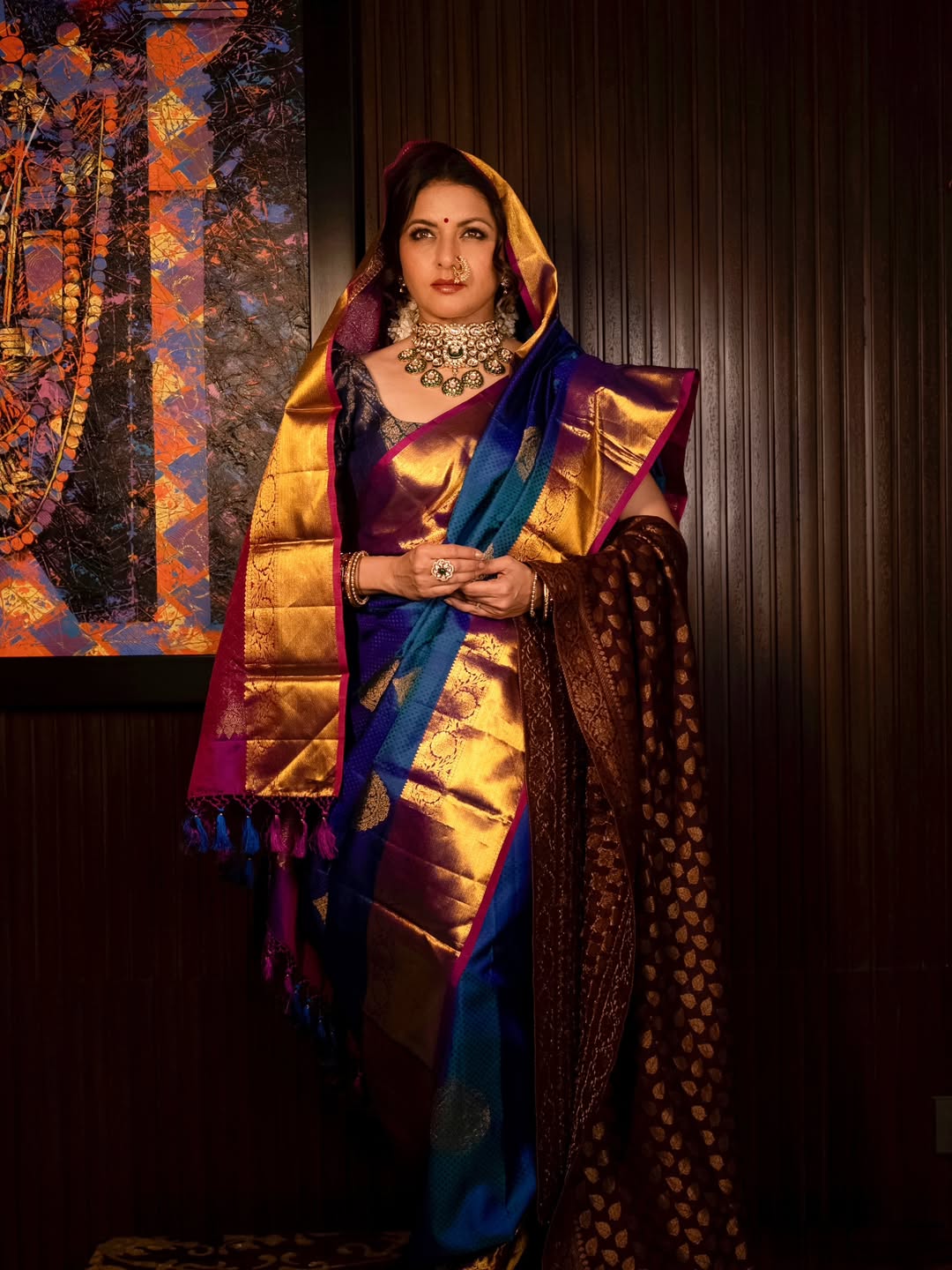 Exquisite Peacock Blue Dual tone Self Brocade on Kanjivaram Pure Silk Saree with Damask Motifs and Zari Border | SILK MARK CERTIFIED | SHOBITAM