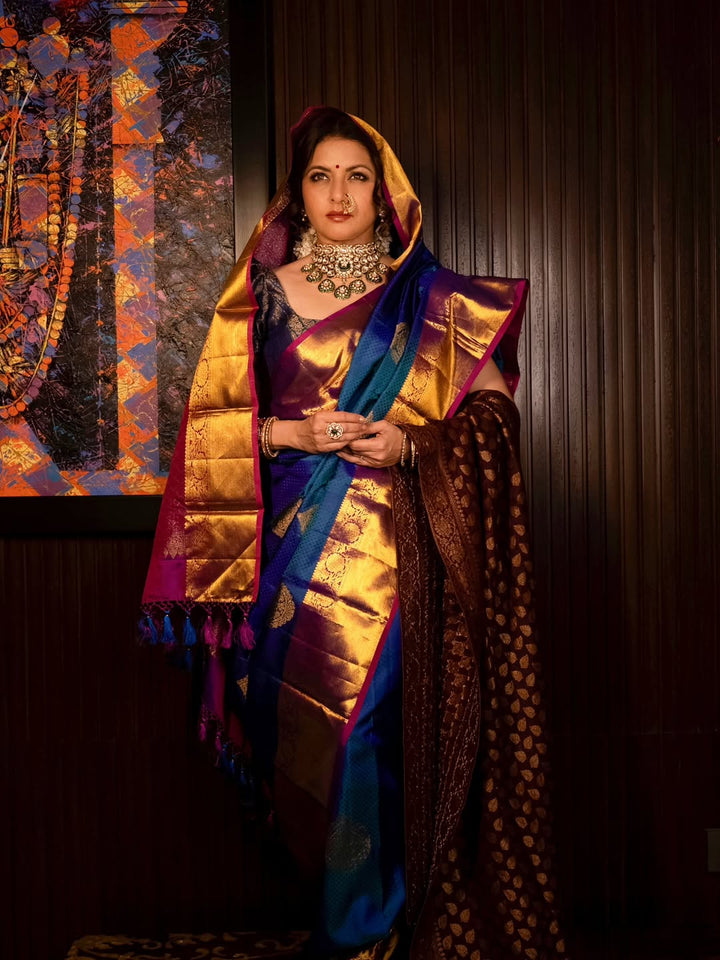 Exquisite Peacock Blue Dual tone Self Brocade on Kanjivaram Pure Silk Saree with Damask Motifs and Zari Border | SILK MARK CERTIFIED | SHOBITAM